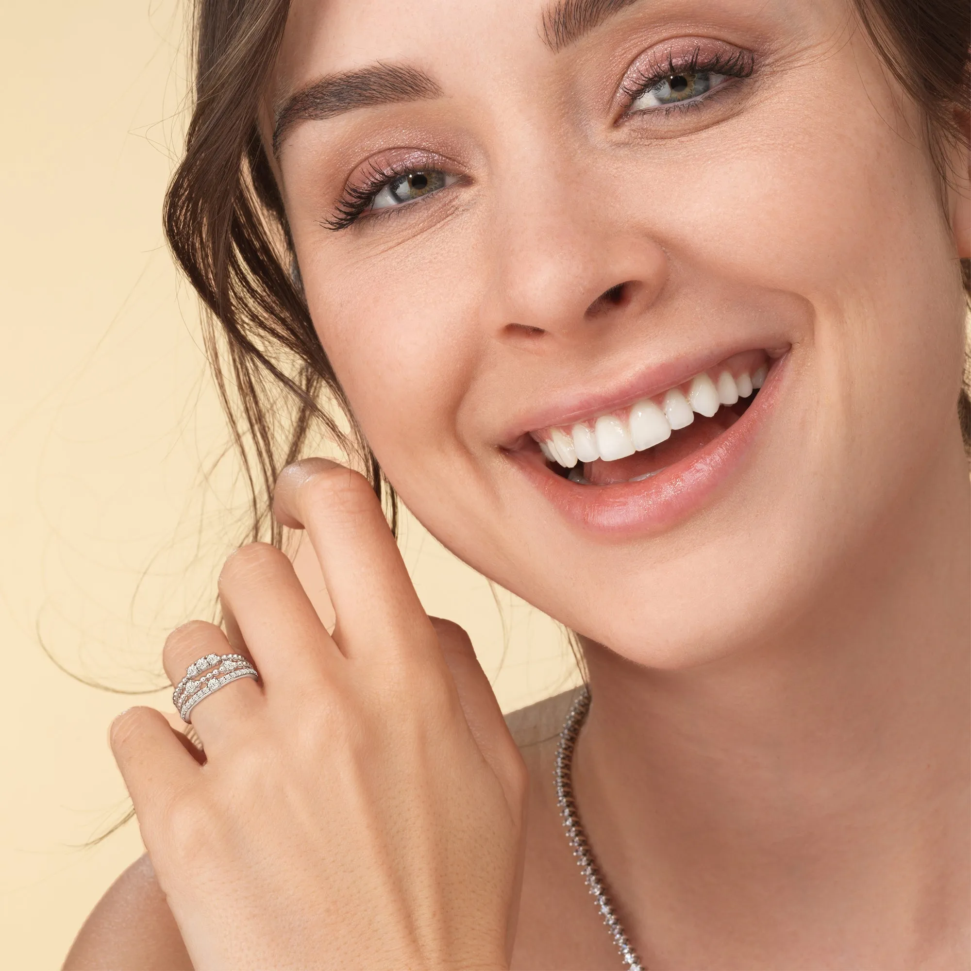 Three Row Beads and Diamonds Ring