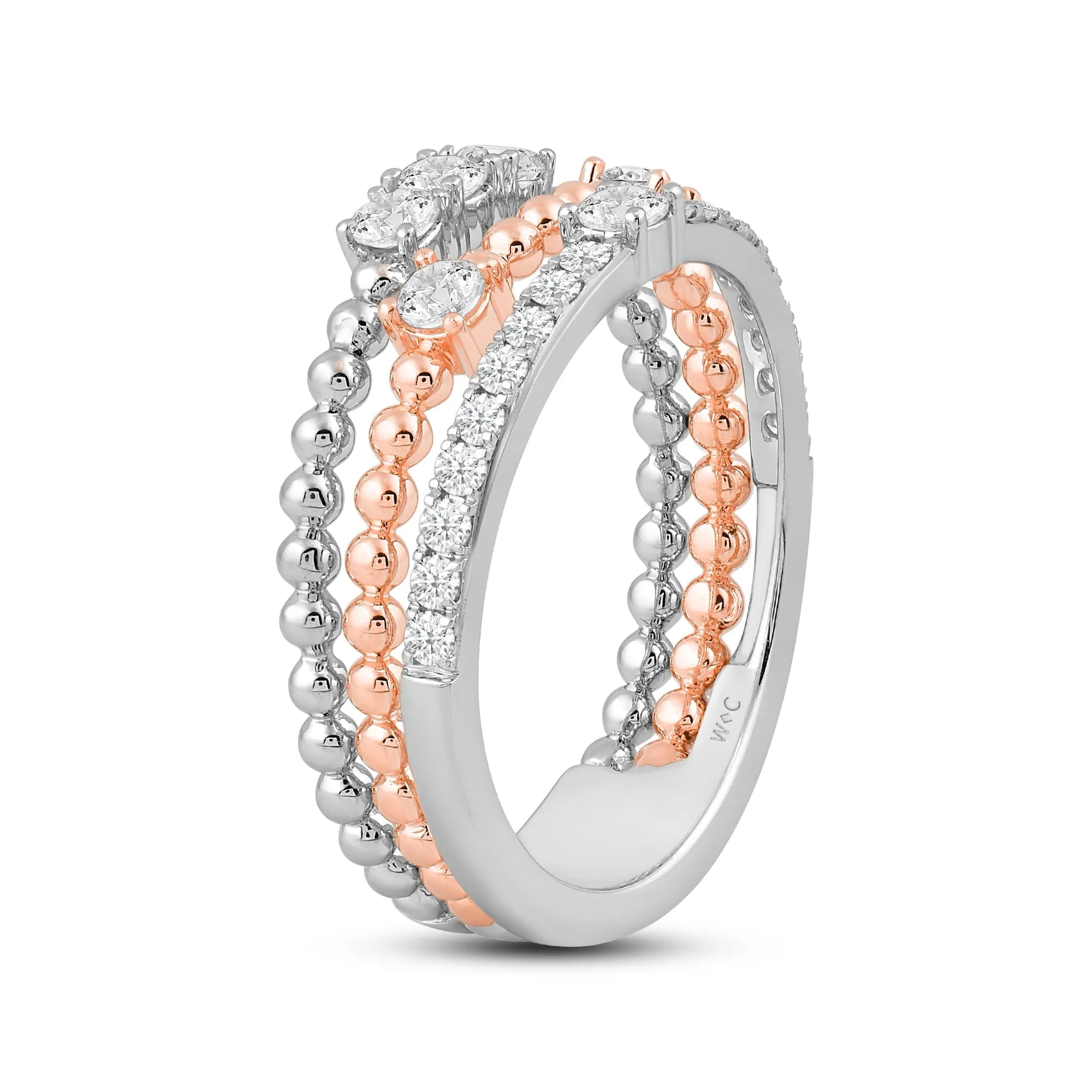 Three Row Beads and Diamonds Ring