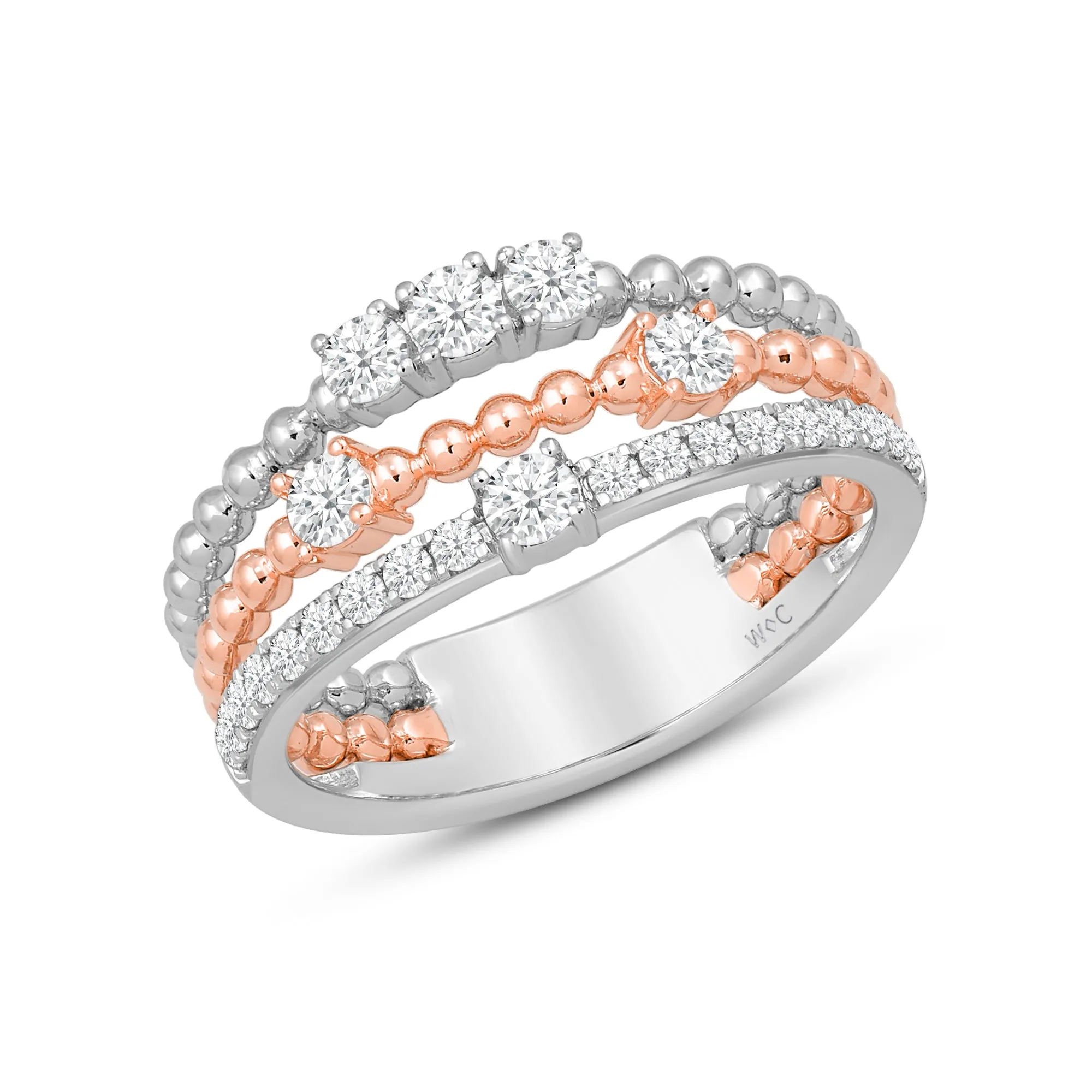 Three Row Beads and Diamonds Ring