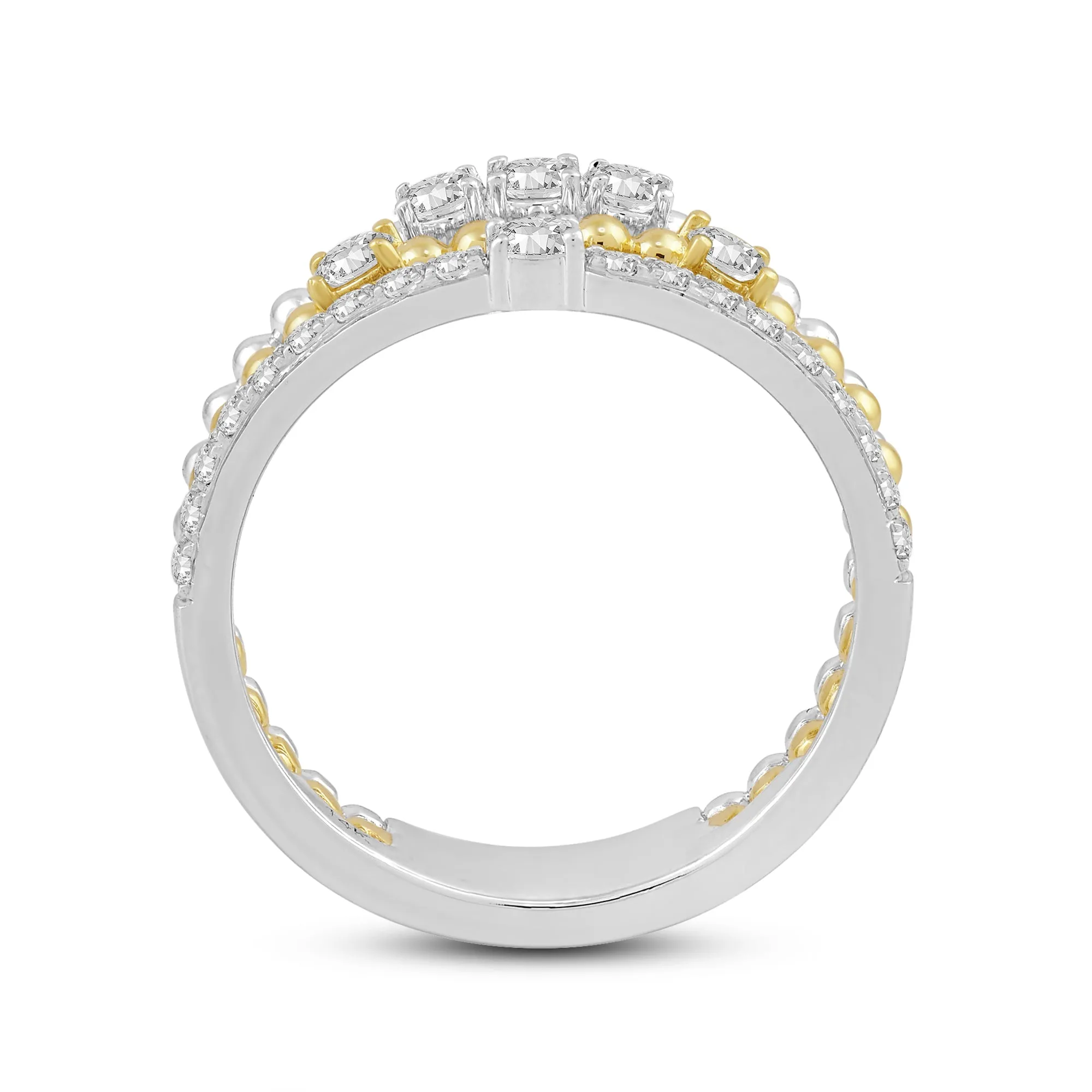 Three Row Beads and Diamonds Ring