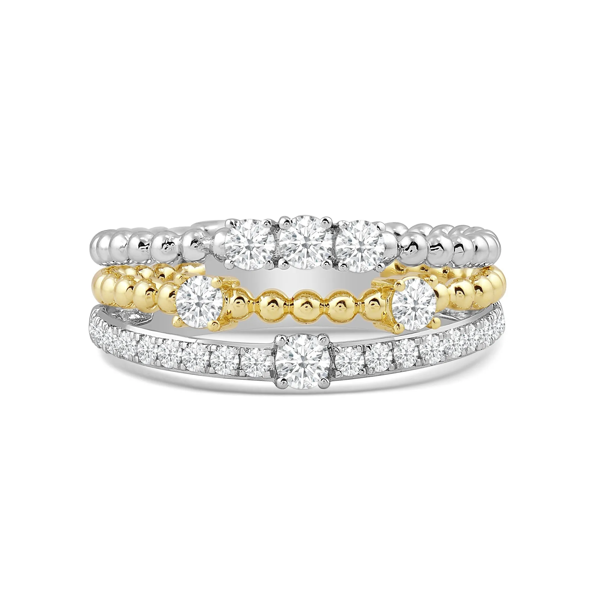 Three Row Beads and Diamonds Ring