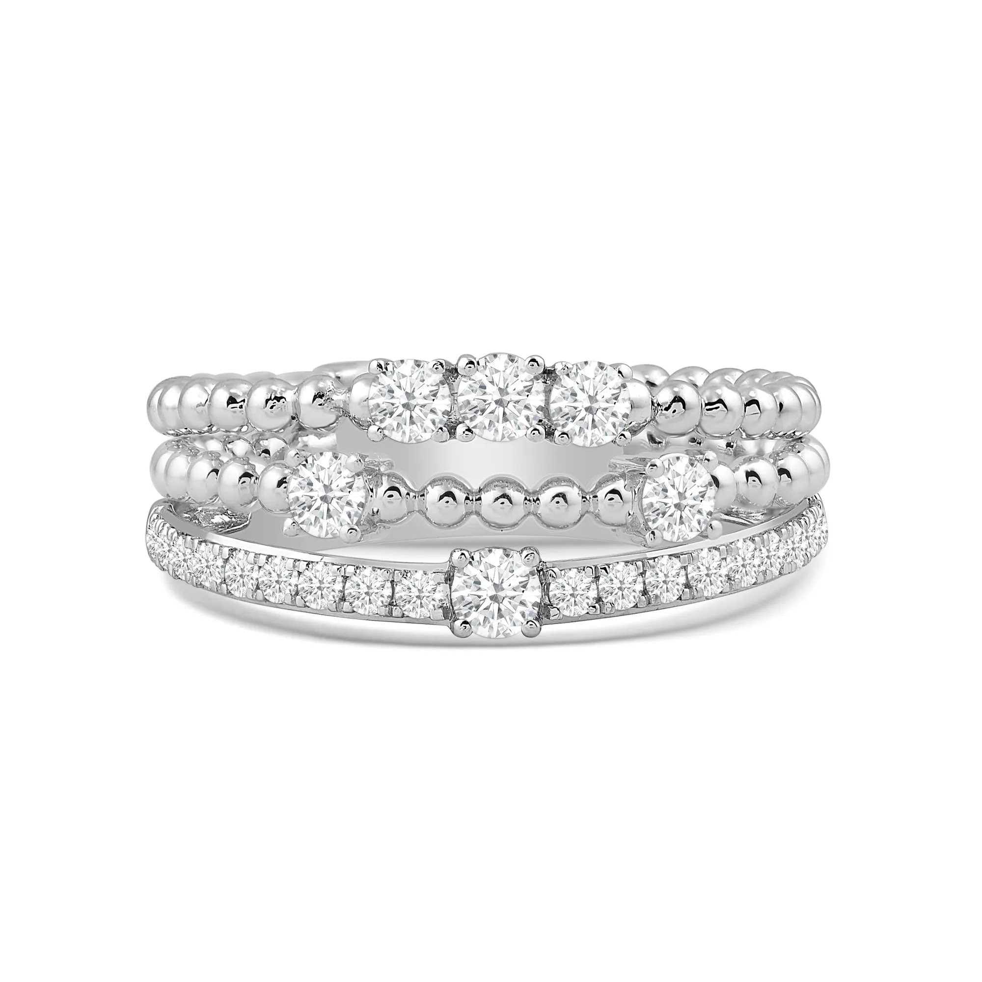 Three Row Beads and Diamonds Ring
