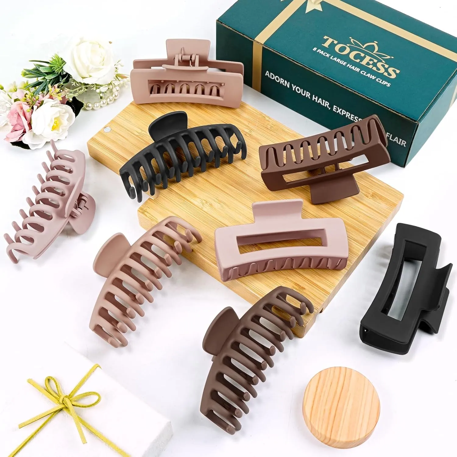 TOCESS Big Hair Claw Clips for Women - Neutral Large Claw Clip for Thin Thick Curly Hair 90's Strong Hold 4.33 Inch Nonslip Matte Jumbo Hair Clips (8 Pcs)