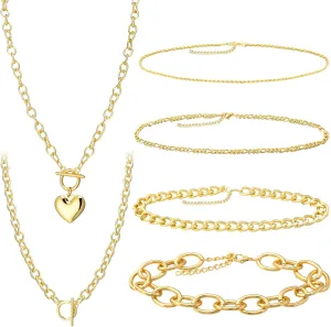 Tondiamo 6 Piece Gold Chunky Necklace Set for Women with Chunky Heart Pendant Layered Paperclip Toggle Necklace Cuban Link Choker Gold Plated Jewelry for Birthdays Party Accessories