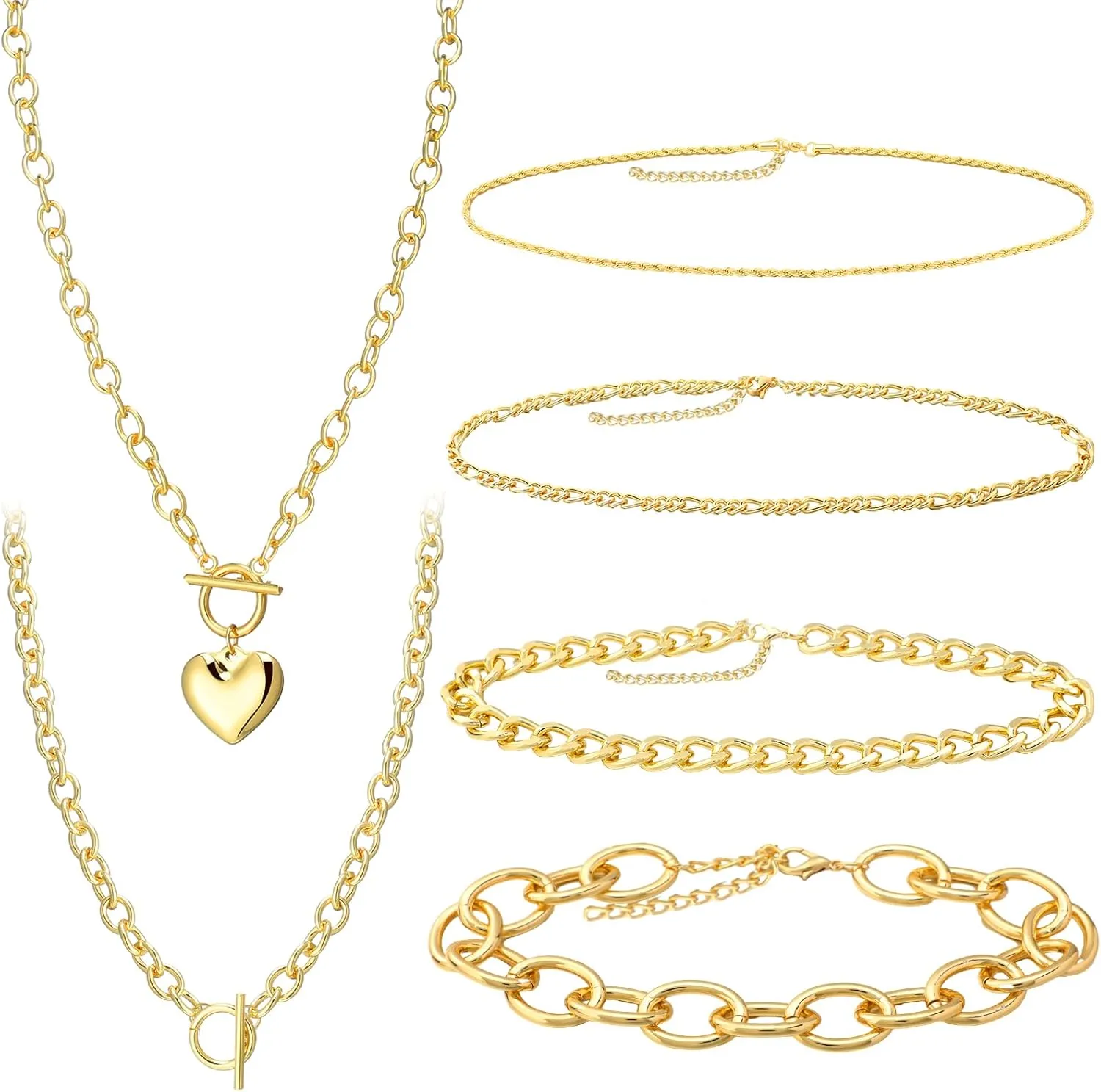 Tondiamo 6 Piece Gold Chunky Necklace Set for Women with Chunky Heart Pendant Layered Paperclip Toggle Necklace Cuban Link Choker Gold Plated Jewelry for Birthdays Party Accessories