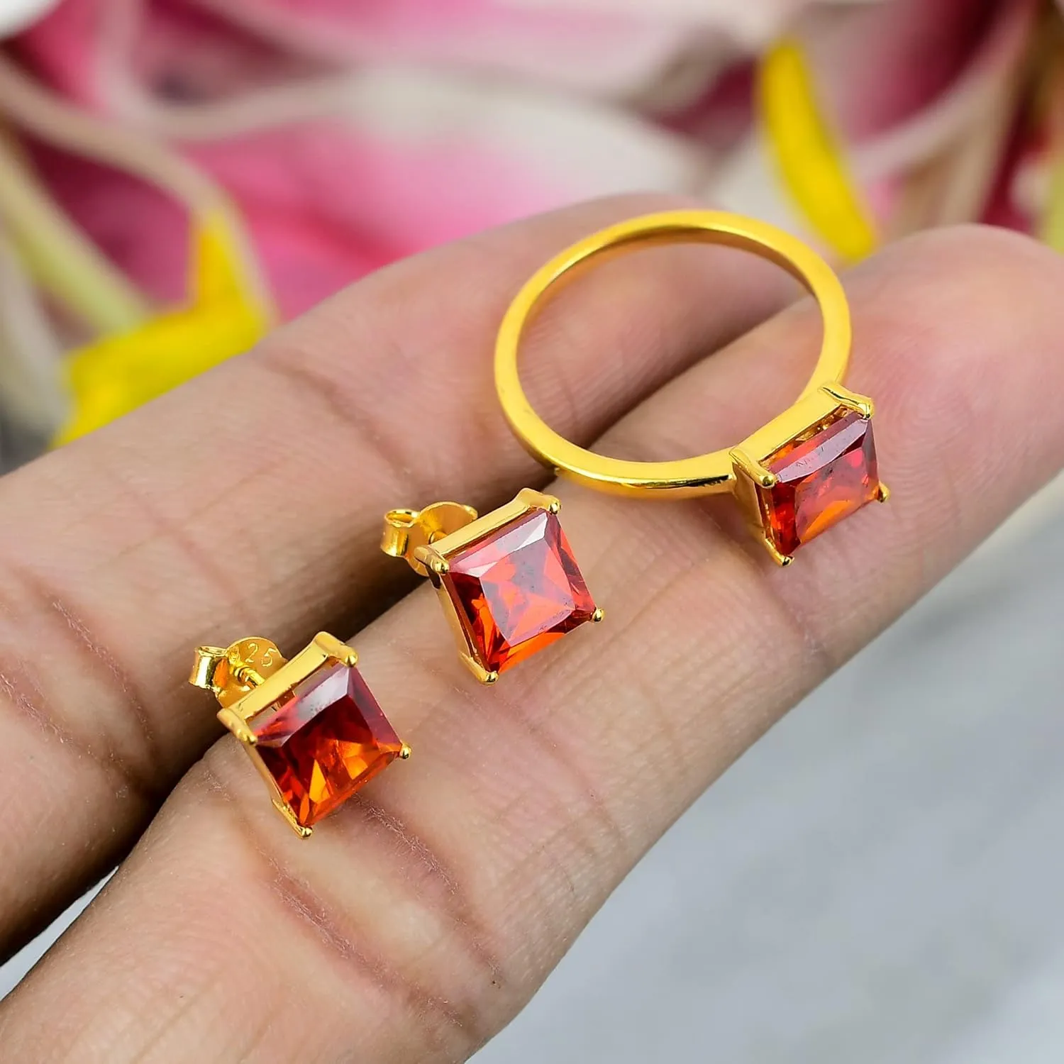 Topaz Gemstone Jewelry Set/Solitaire Stacking Rings For woman / 925 Silver Earrings Stud For girls/Designer's Band (Silver, 6.5)