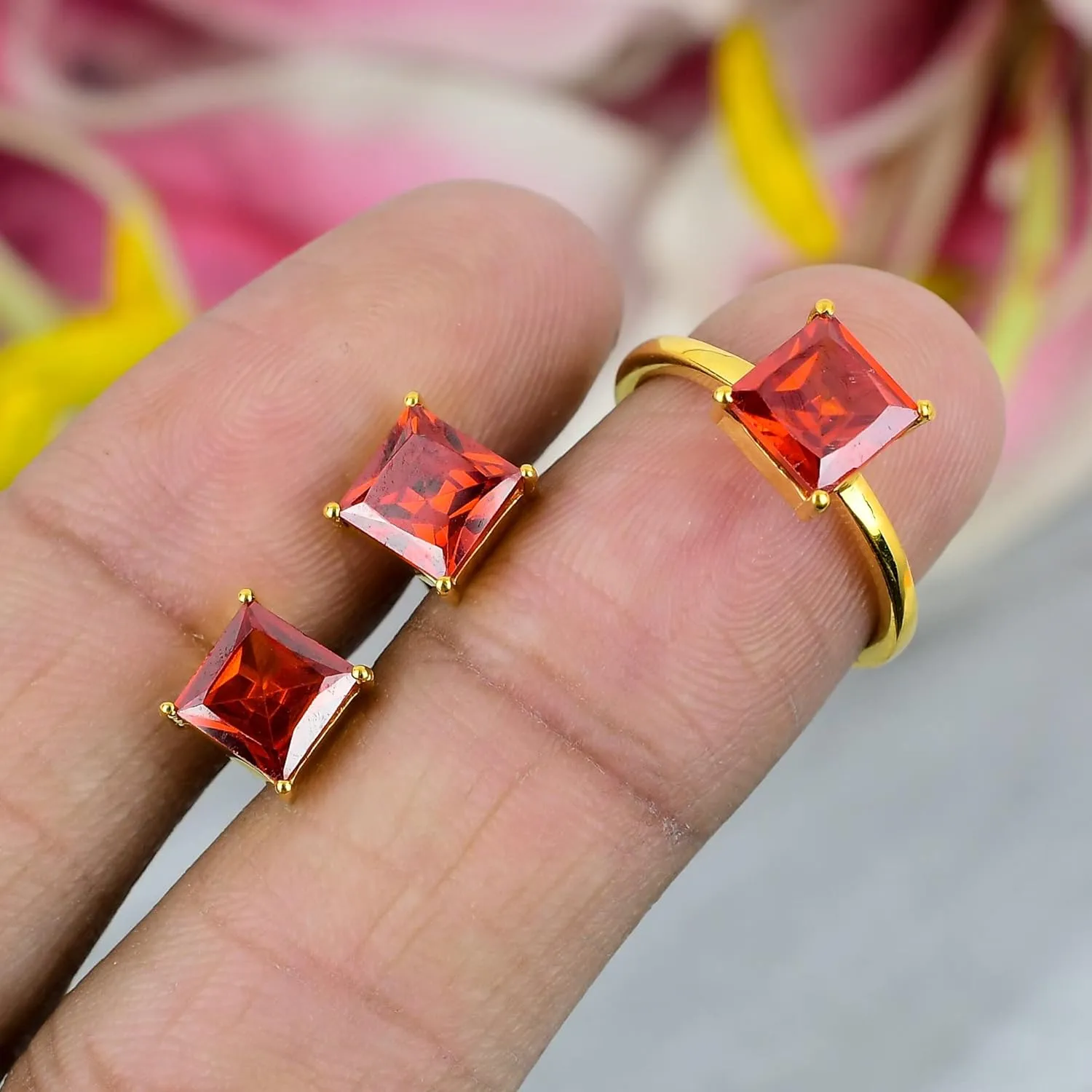 Topaz Gemstone Jewelry Set/Solitaire Stacking Rings For woman / 925 Silver Earrings Stud For girls/Designer's Band (Silver, 6.5)