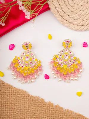 Traditional Indian Gold Plated Kundan Studded Meenakari Chandbali Earrings for Women with Yellow Flower