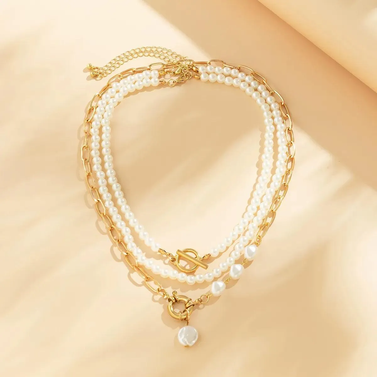 Trendy Elegant Imitation Pearl Multi-layer Necklace - Minimalism Beads Gold Color Choker Necklace For Girls