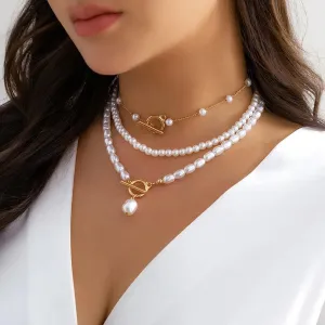 Trendy Elegant Imitation Pearl Multi-layer Necklace - Minimalism Beads Gold Color Choker Necklace For Girls