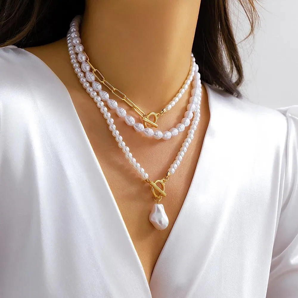 Trendy Elegant Imitation Pearl Multi-layer Necklace - Minimalism Beads Gold Color Choker Necklace For Girls