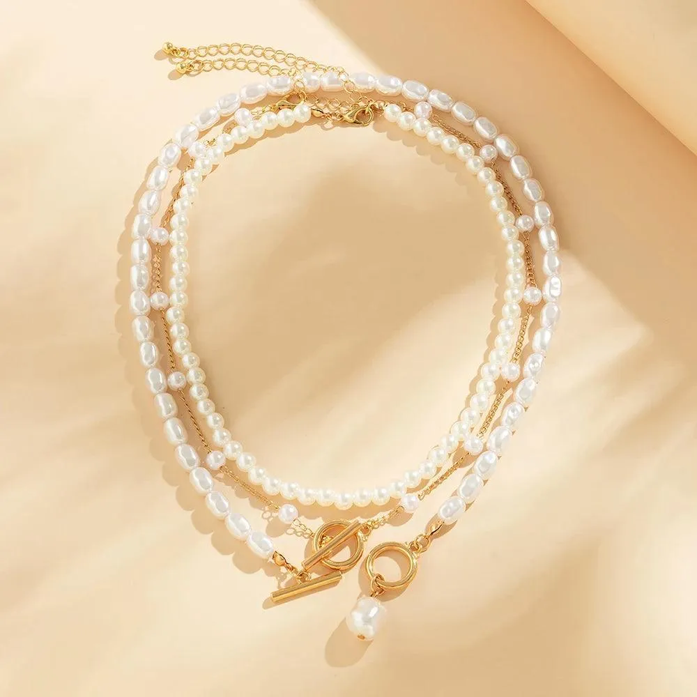 Trendy Elegant Imitation Pearl Multi-layer Necklace - Minimalism Beads Gold Color Choker Necklace For Girls
