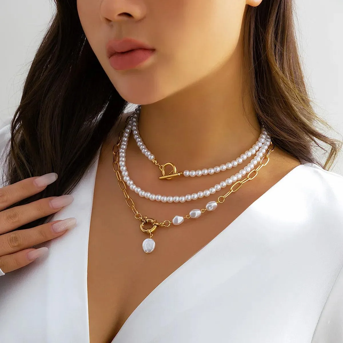 Trendy Elegant Imitation Pearl Multi-layer Necklace - Minimalism Beads Gold Color Choker Necklace For Girls
