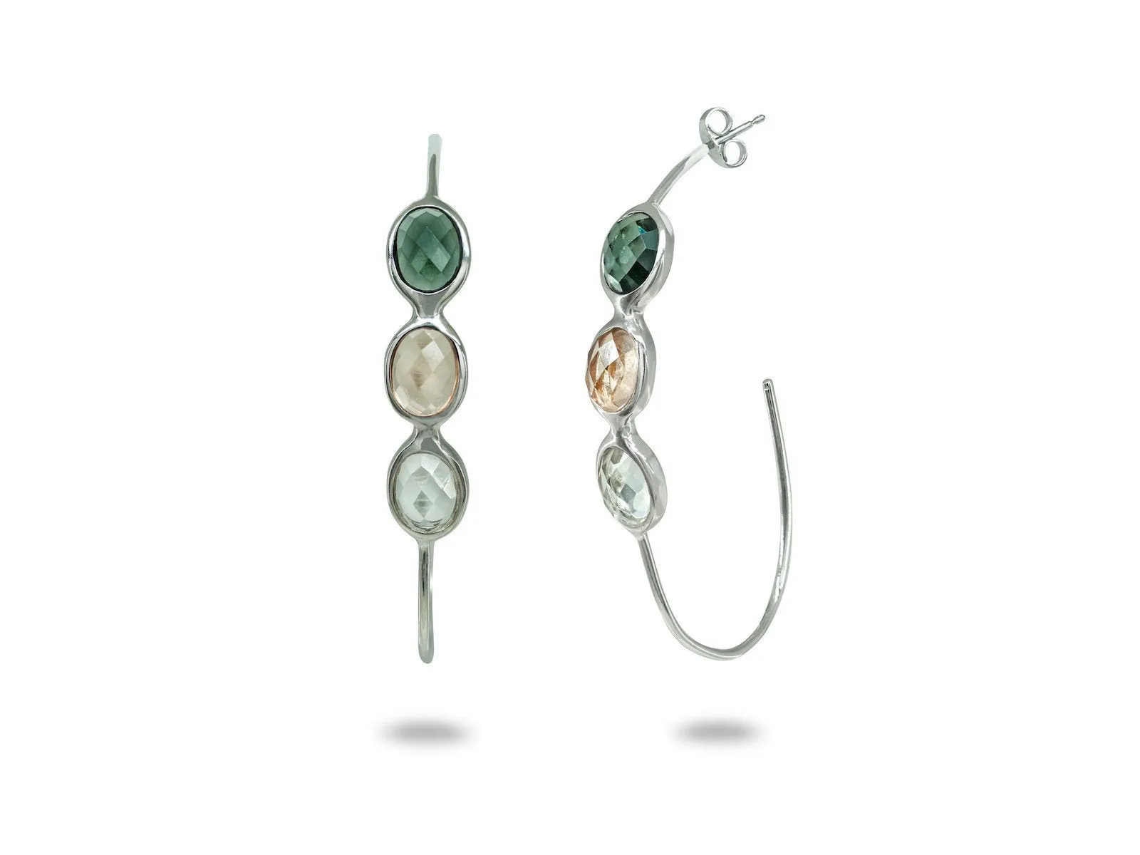 Tri Stone Half Hoop Earrings in Sterling Silver |