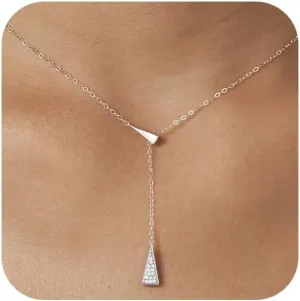 Triangle Necklace for Women, 925 Sterling Silver Dainty Geometric Shapes Necklace Triangle Cubic Zirconia Pendant Y shaped Necklace Aesthetic Simple Necklace Birthday Jewelry Gifts for Her 17.91"