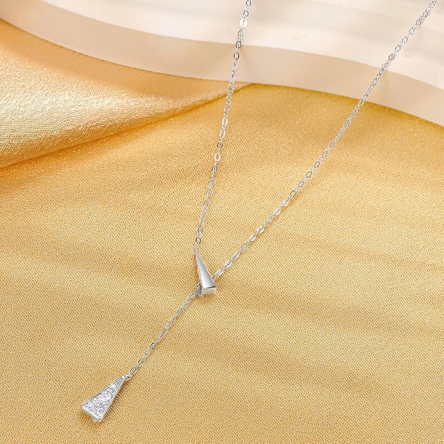 Triangle Necklace for Women, 925 Sterling Silver Dainty Geometric Shapes Necklace Triangle Cubic Zirconia Pendant Y shaped Necklace Aesthetic Simple Necklace Birthday Jewelry Gifts for Her 17.91"