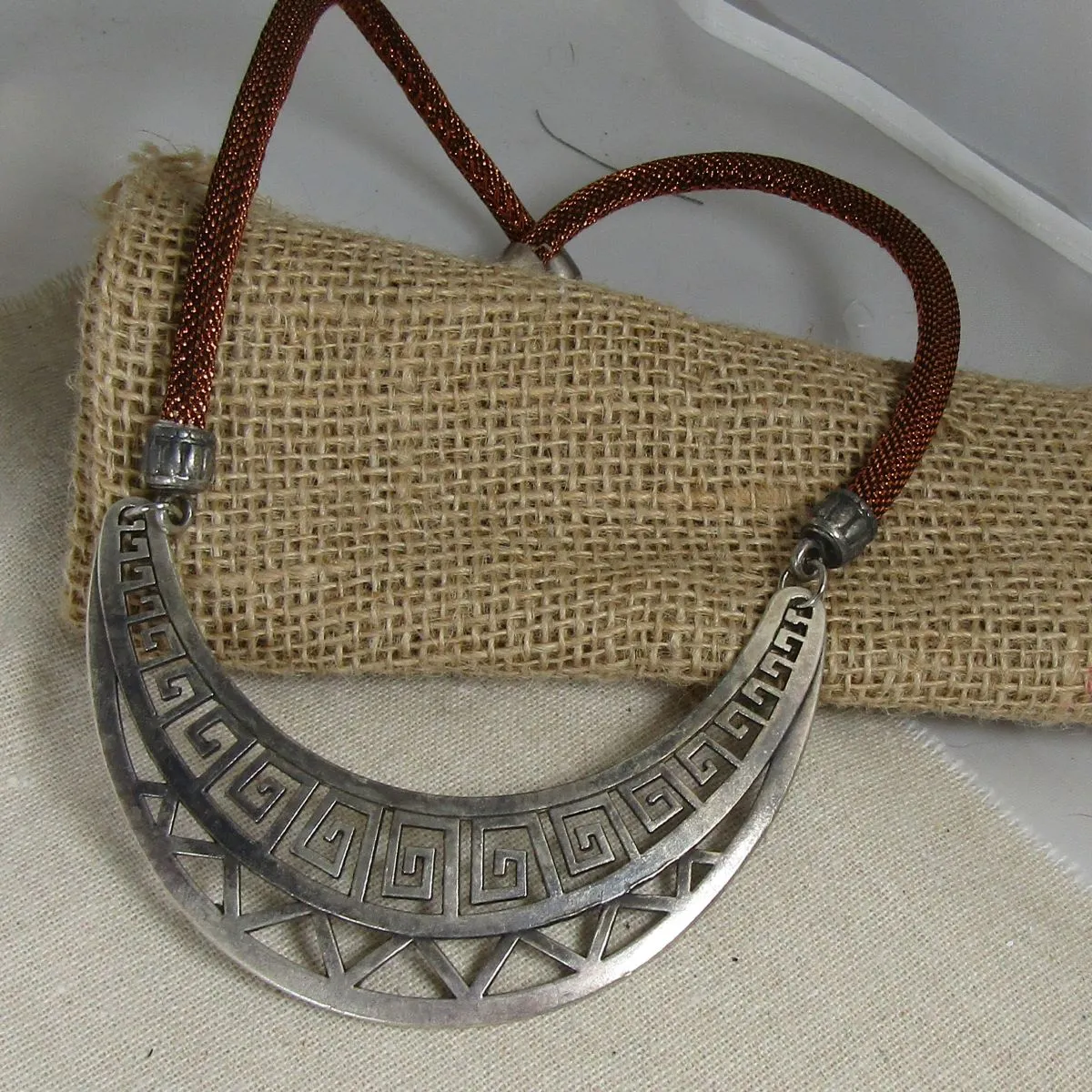 Tribal Necklace  Silver Statement  Metallic Copper Cord
