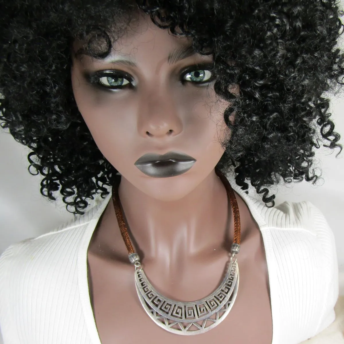 Tribal Necklace  Silver Statement  Metallic Copper Cord