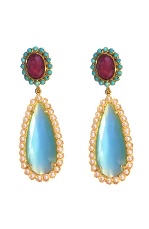Turq & Pearl Bordered Red Earring
