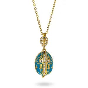 Turquoise Brass 50 Crystals Triptych Icons Royal Egg Pendant Necklace