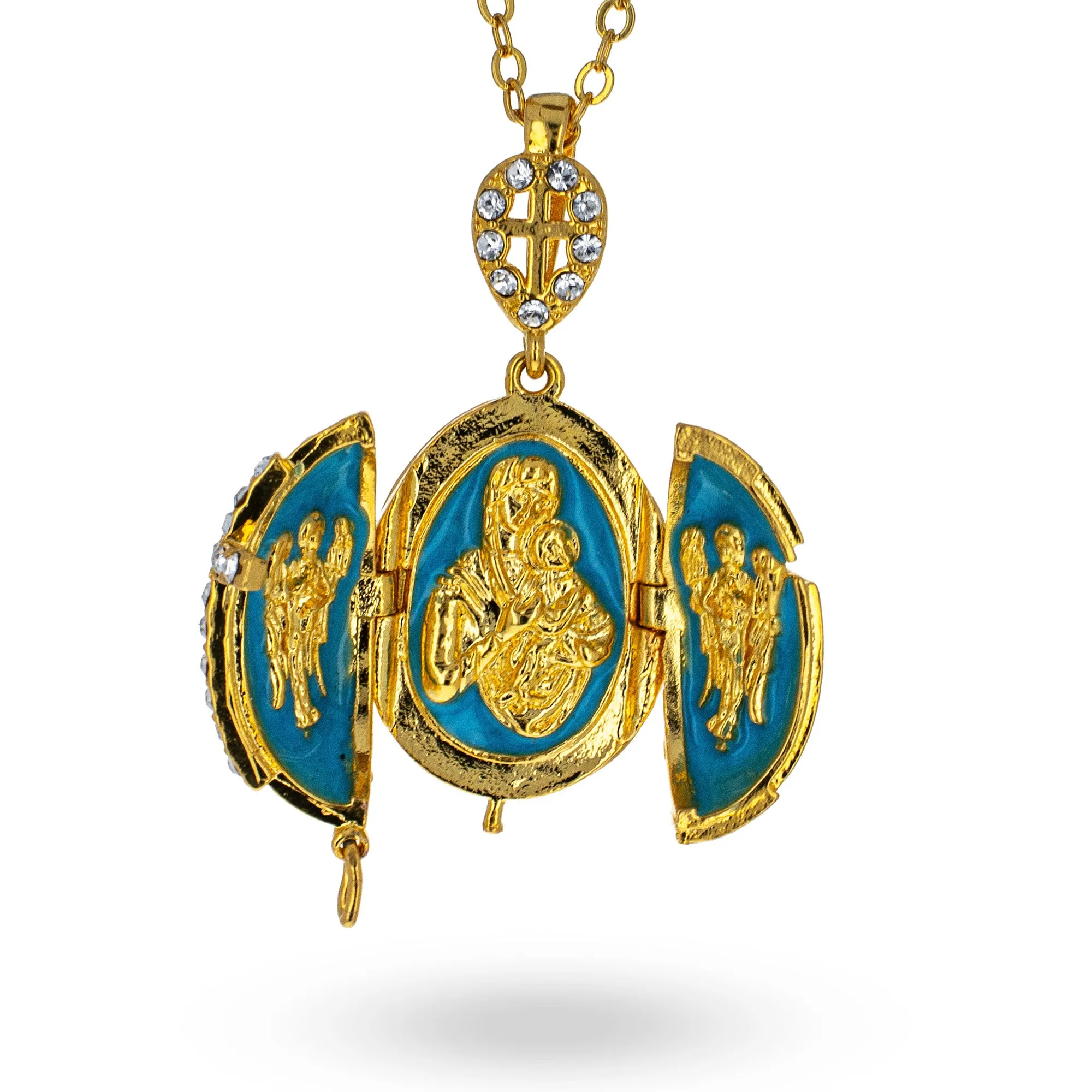 Turquoise Brass 50 Crystals Triptych Icons Royal Egg Pendant Necklace