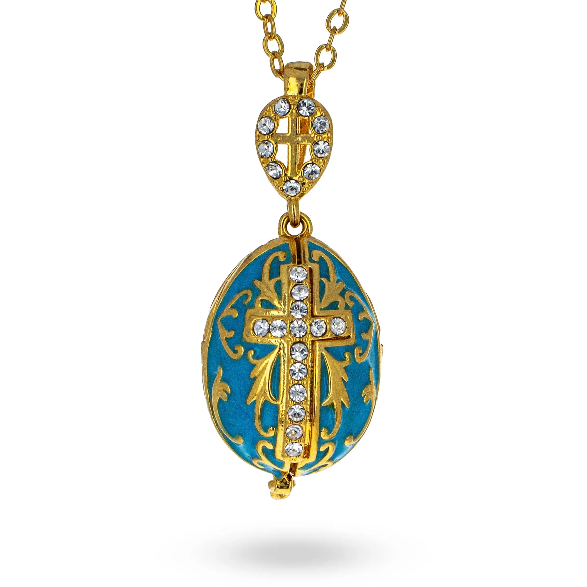 Turquoise Brass 50 Crystals Triptych Icons Royal Egg Pendant Necklace