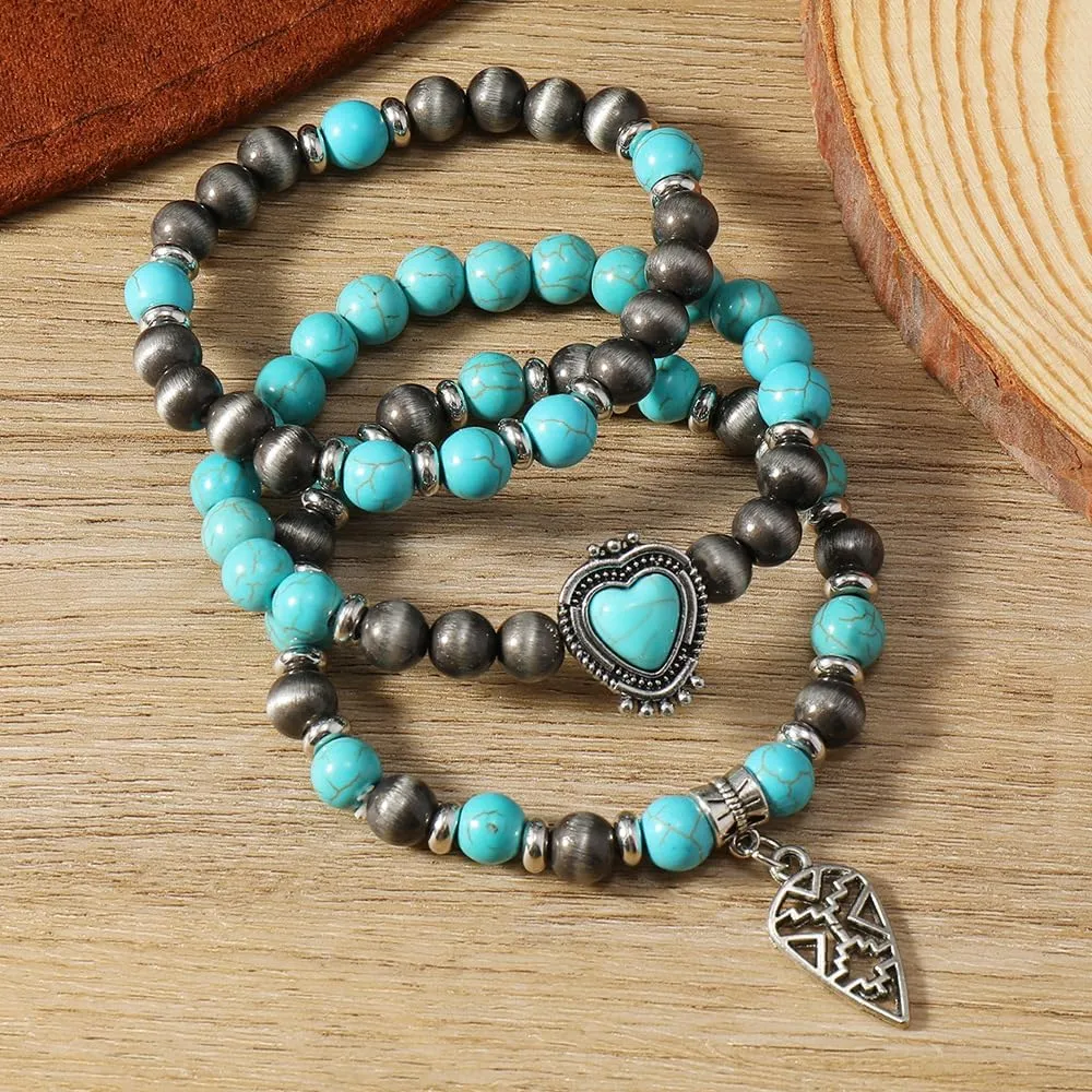 Turquoise Western Cowgirl Bracelets for Women Handmade Stackable Turquoise Beaded Stretch Bracelet Vintage Rodeo Western Jewelry Set Country Cowboy Outfit Accessories