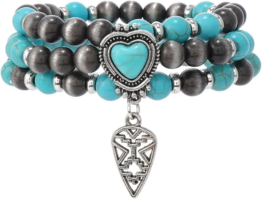 Turquoise Western Cowgirl Bracelets for Women Handmade Stackable Turquoise Beaded Stretch Bracelet Vintage Rodeo Western Jewelry Set Country Cowboy Outfit Accessories