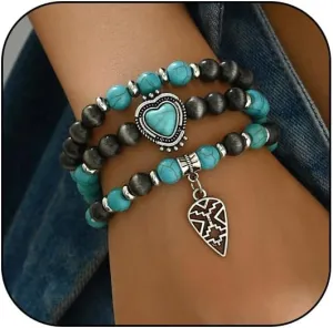Turquoise Western Cowgirl Bracelets for Women Handmade Stackable Turquoise Beaded Stretch Bracelet Vintage Rodeo Western Jewelry Set Country Cowboy Outfit Accessories