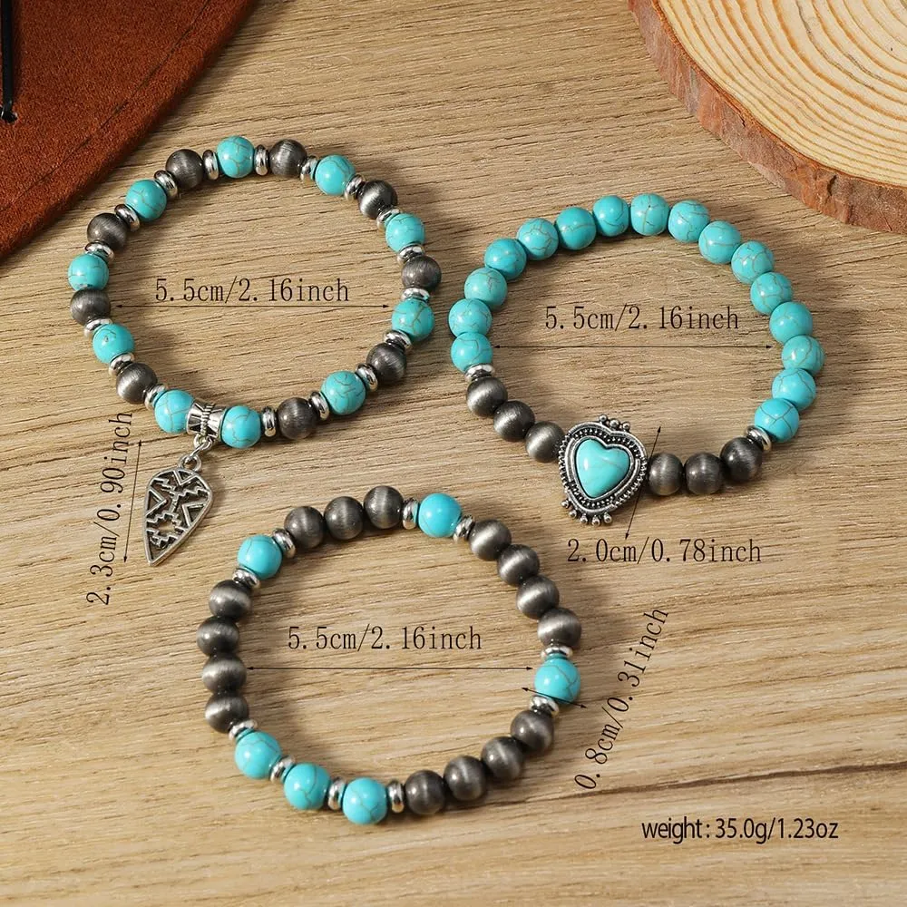 Turquoise Western Cowgirl Bracelets for Women Handmade Stackable Turquoise Beaded Stretch Bracelet Vintage Rodeo Western Jewelry Set Country Cowboy Outfit Accessories