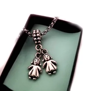 Twin 2 Two Girls Charm with on Bracelet Necklace Chain, 2 Sisters Charm, 2 Daughters Charm, 2 Best Friends Charm