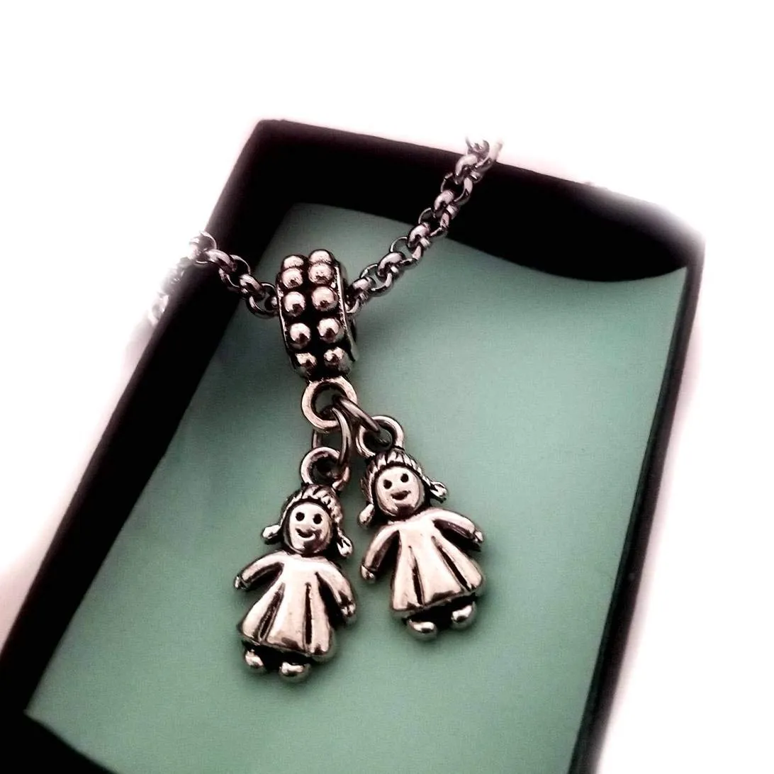 Twin 2 Two Girls Charm with on Bracelet Necklace Chain, 2 Sisters Charm, 2 Daughters Charm, 2 Best Friends Charm