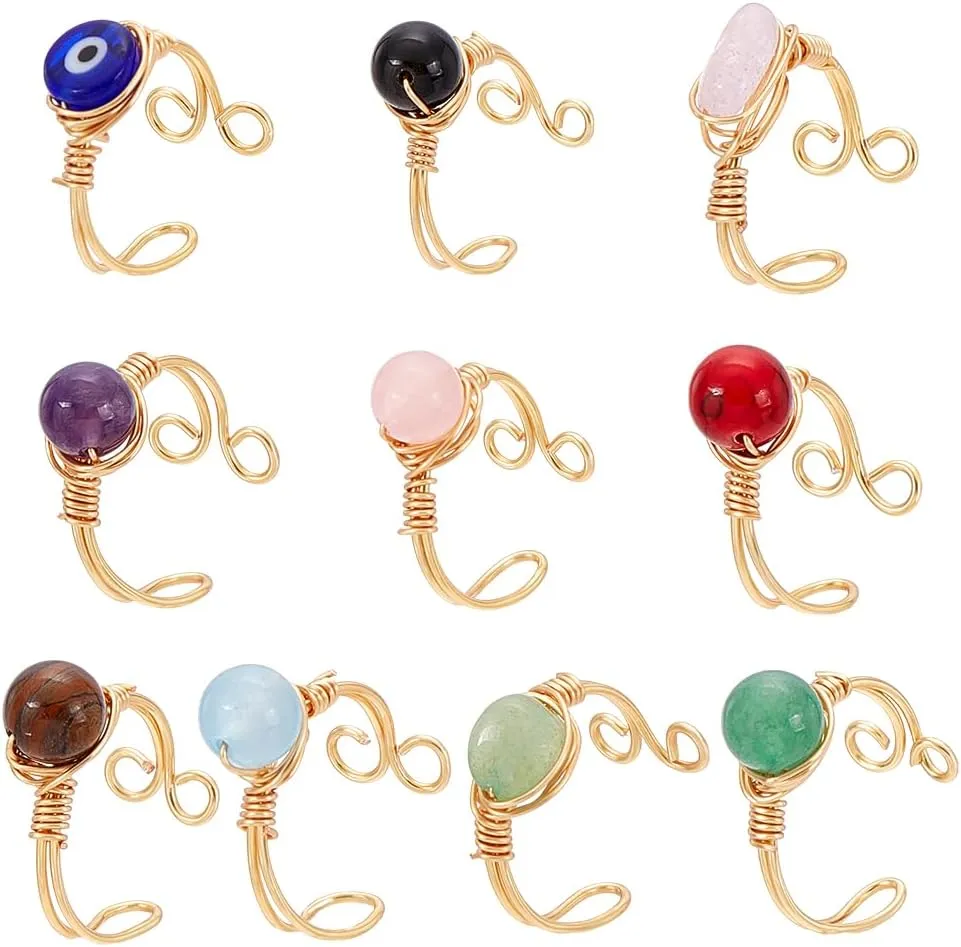 UNICRAFTALE 10 Styles 10Pcs Adjustable Wire Wrapped Rings Irregular Gemstone Rings Set for Women Stackable Fashion Ring Set Gem Ring Light Gold Wire Wrapped Rings 18mm