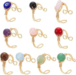 UNICRAFTALE 10 Styles 10Pcs Adjustable Wire Wrapped Rings Irregular Gemstone Rings Set for Women Stackable Fashion Ring Set Gem Ring Light Gold Wire Wrapped Rings 18mm