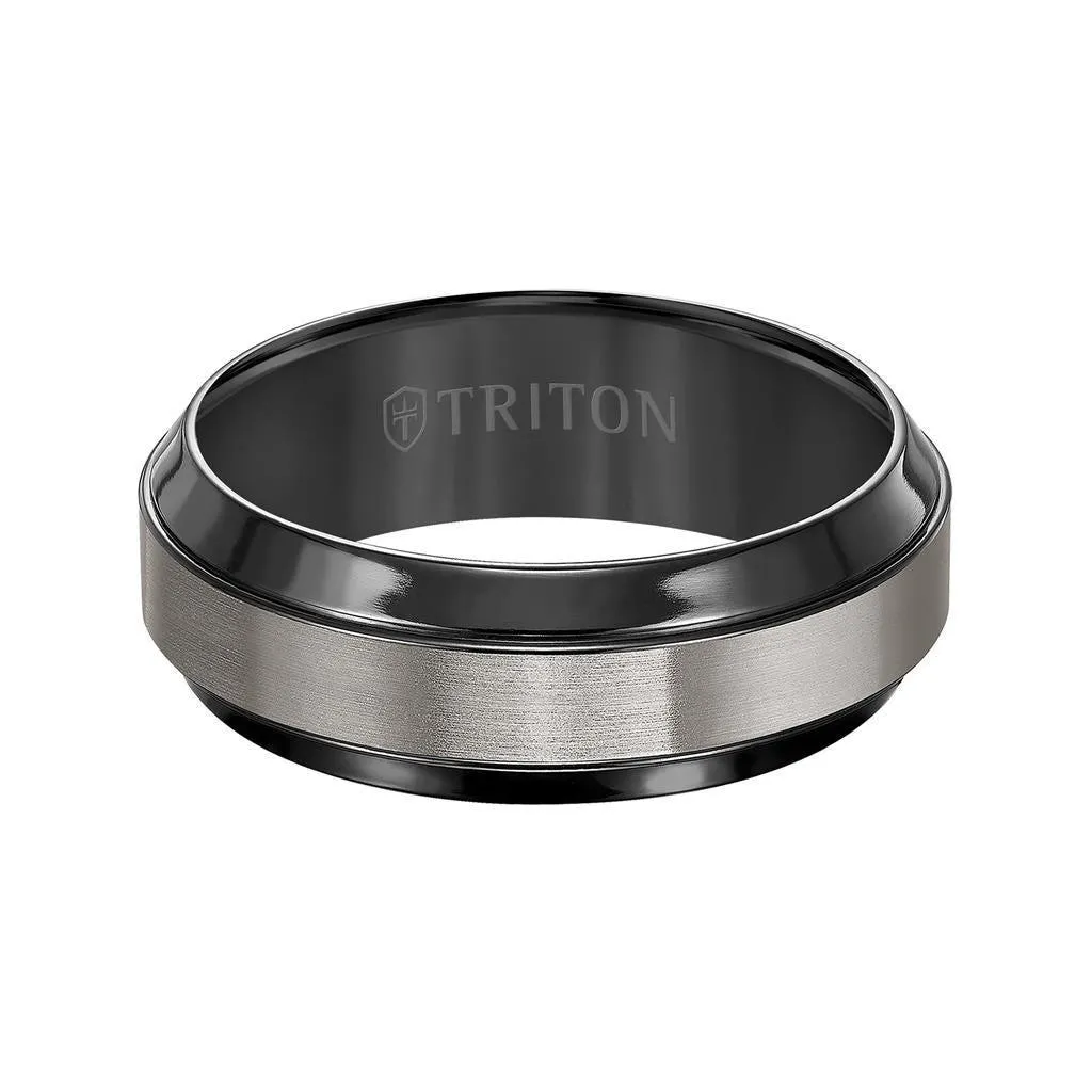 URIAH Satin Finished Titanium Comfort Fit Wedding Band with Polished Black Beveled Step Edges by Triton Rings - 8 mm