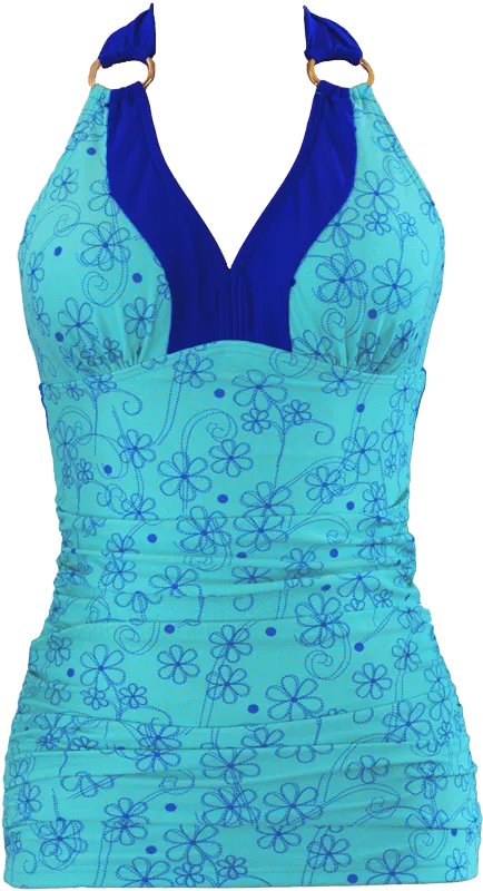 V-Ruched Halter Top - Aqua Retro Flowers - FINAL SALE - SOLD OUT