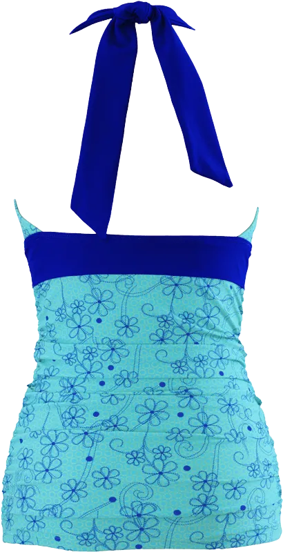 V-Ruched Halter Top - Aqua Retro Flowers - FINAL SALE - SOLD OUT