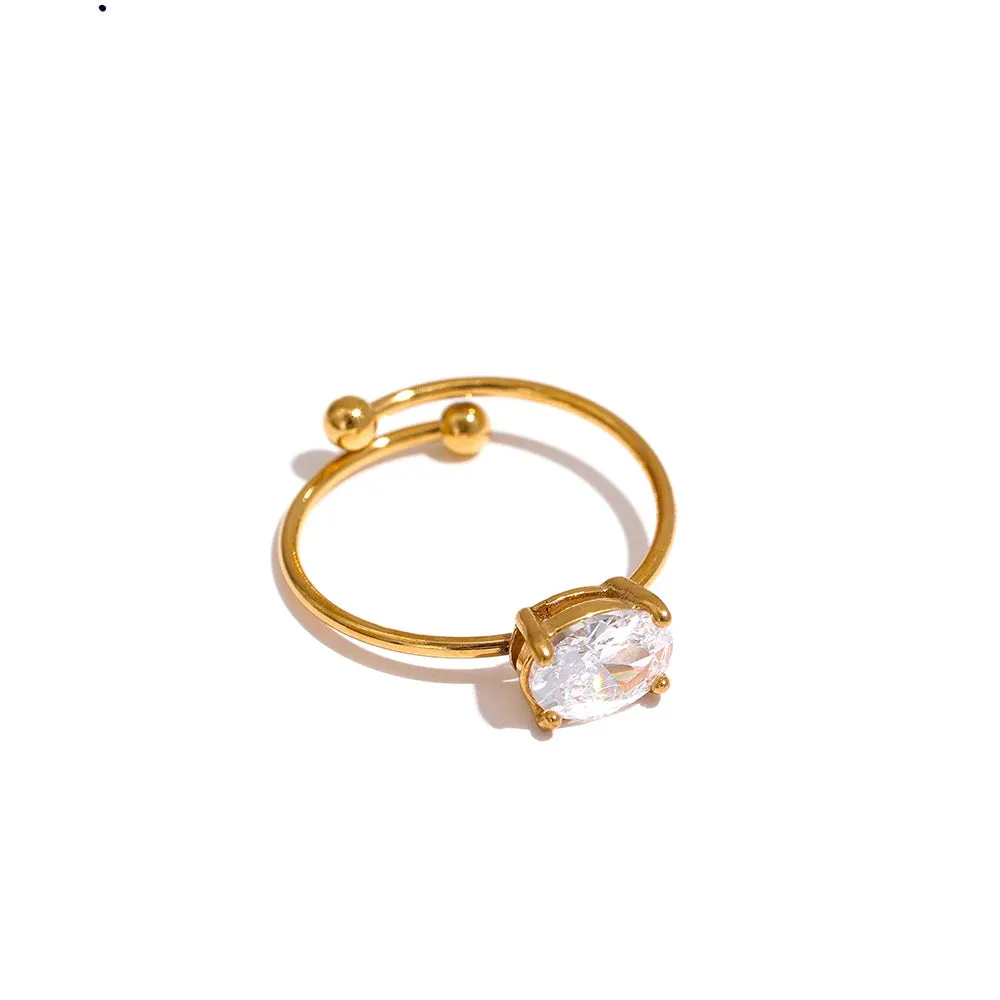 VAIGE Adjustable Stainless Steel Ring with Chic White and Green Cubic Zirconia - 18k Gold Plated Fashion Jewelry