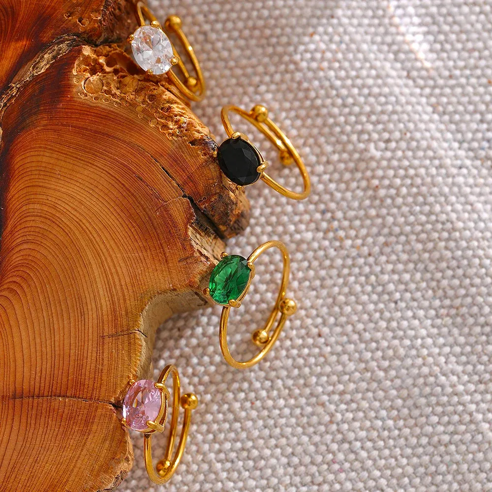 VAIGE Adjustable Stainless Steel Ring with Chic White and Green Cubic Zirconia - 18k Gold Plated Fashion Jewelry