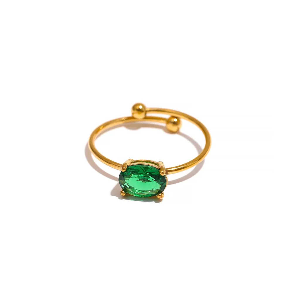 VAIGE Adjustable Stainless Steel Ring with Chic White and Green Cubic Zirconia - 18k Gold Plated Fashion Jewelry