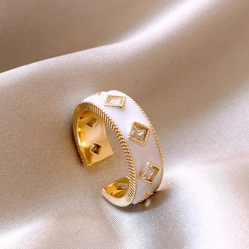 VAIGE Chic Gold Adjustable Ring with White Enamel & Sparkling Zircon