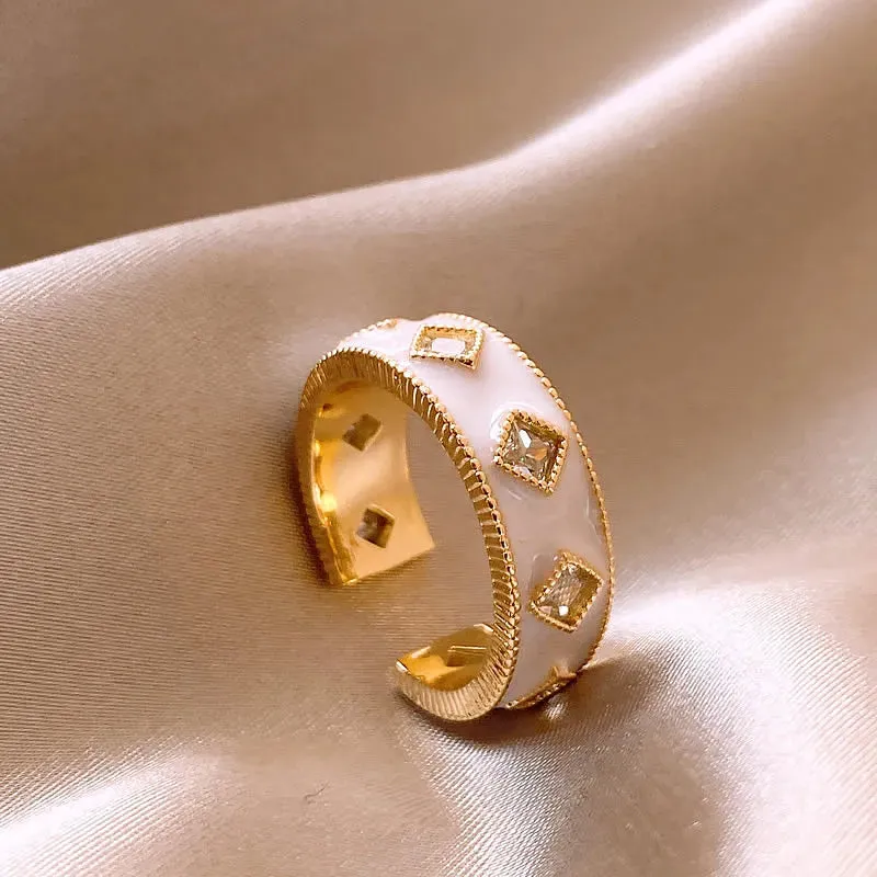 VAIGE Chic Gold Adjustable Ring with White Enamel & Sparkling Zircon
