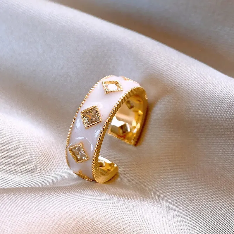 VAIGE Chic Gold Adjustable Ring with White Enamel & Sparkling Zircon