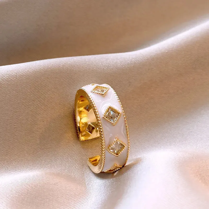 VAIGE Chic Gold Adjustable Ring with White Enamel & Sparkling Zircon