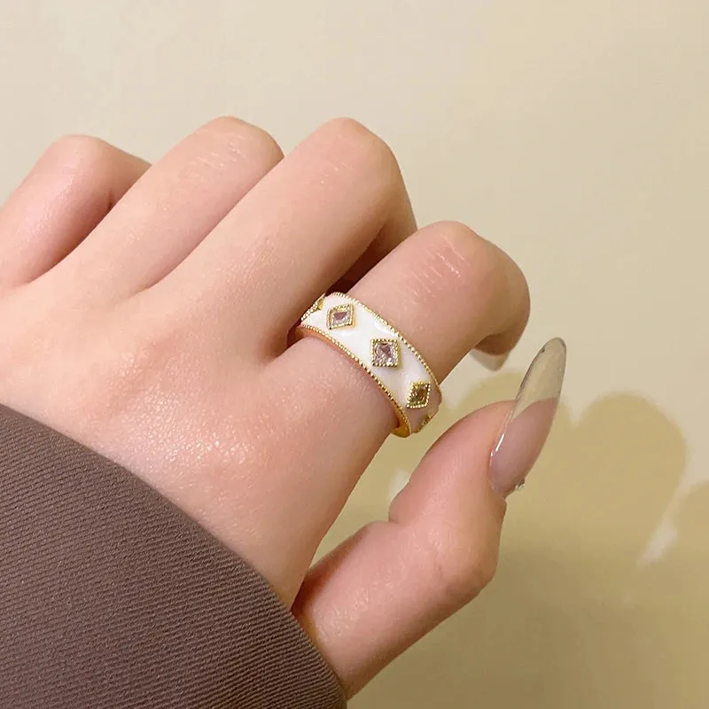 VAIGE Chic Gold Adjustable Ring with White Enamel & Sparkling Zircon