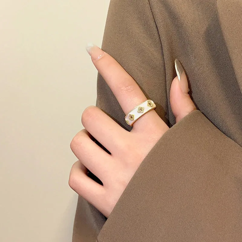 VAIGE Chic Gold Adjustable Ring with White Enamel & Sparkling Zircon