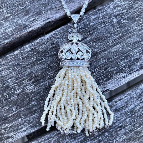 Vintage Diamond & Pearl Tassel Necklace