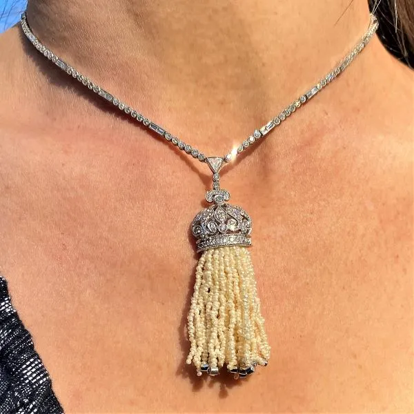 Vintage Diamond & Pearl Tassel Necklace