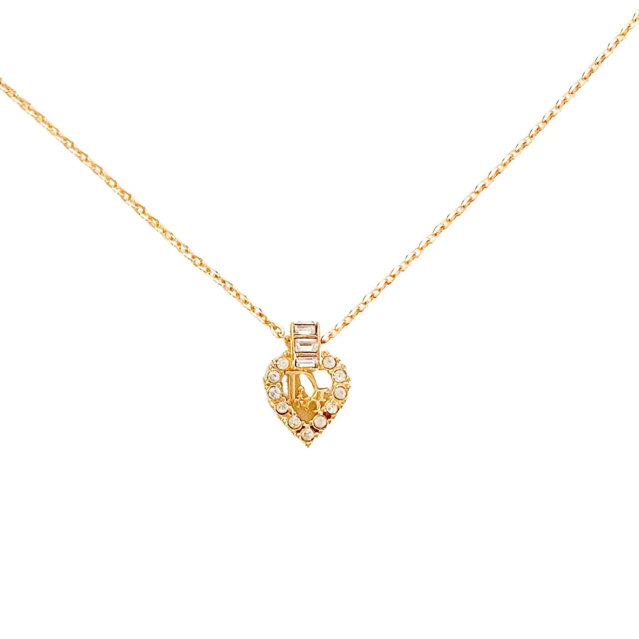 Vintage Dior Heart Shaped Rhinstones Logo Plate 43cm Gold Necklace
