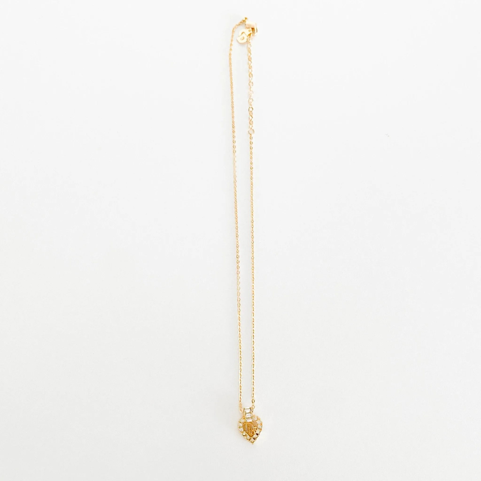 Vintage Dior Heart Shaped Rhinstones Logo Plate 43cm Gold Necklace